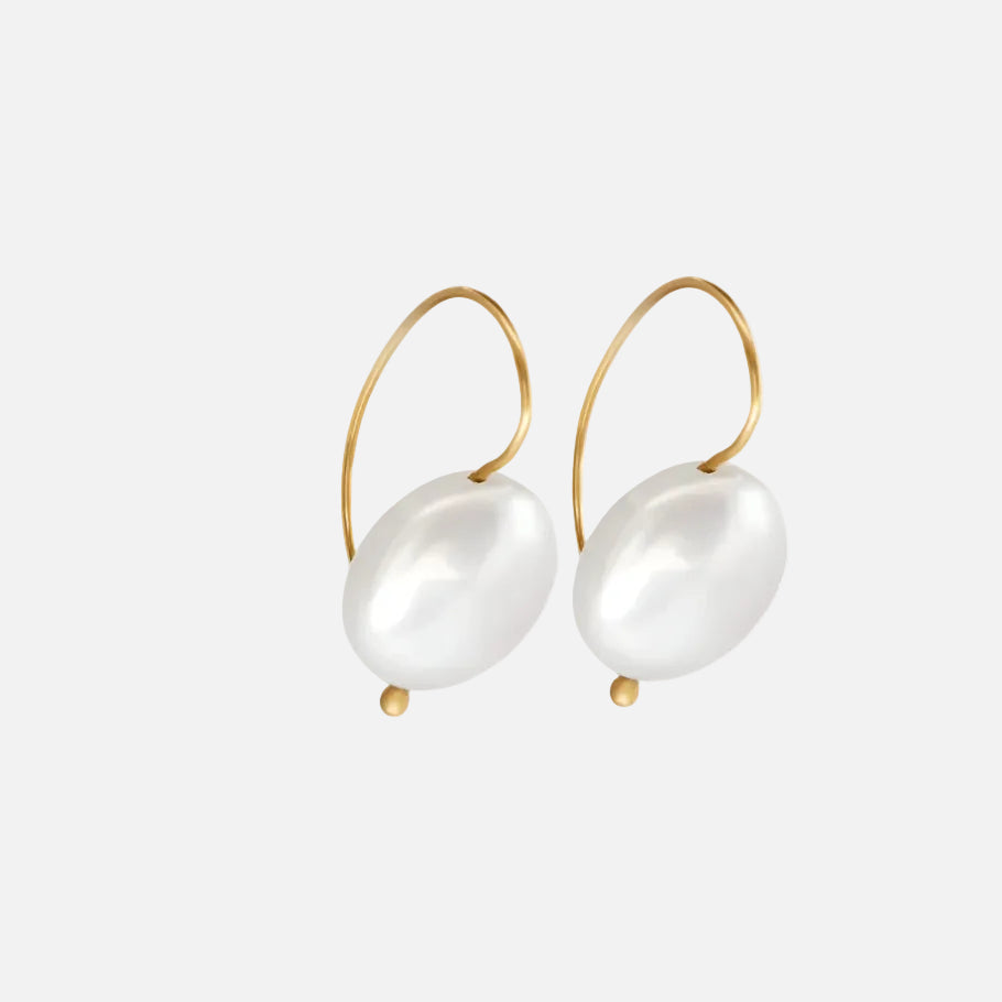 Side view button pearl earrings gold handmade