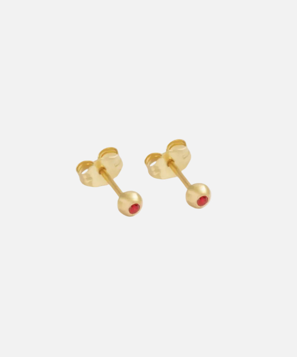 14k yellow gold ruby ball stud earrings with 1.5mm round rubie.