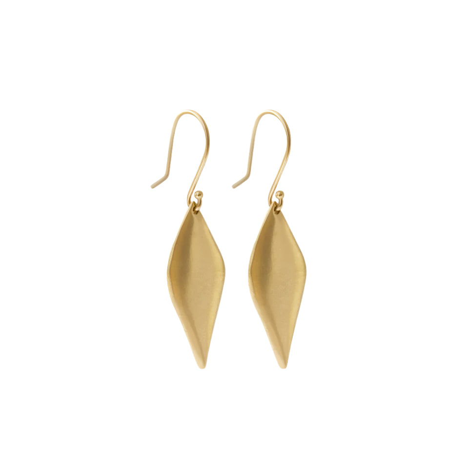 Embrace the beauty of nature with our stunning leaf earrings. With their versatile design, these lightweight and comfortable accessories are perfect for any occasion.  Drop Style Earrings 14k Yellow Gold Satin Finish Each earring measures 24.40mm height by 9.82mm wide Sold as a pair