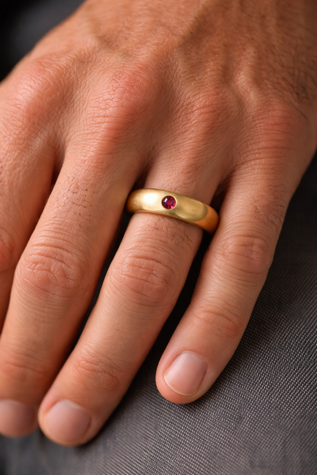 Gold ring with a red gemstone on a person's finger against a gray fabric background