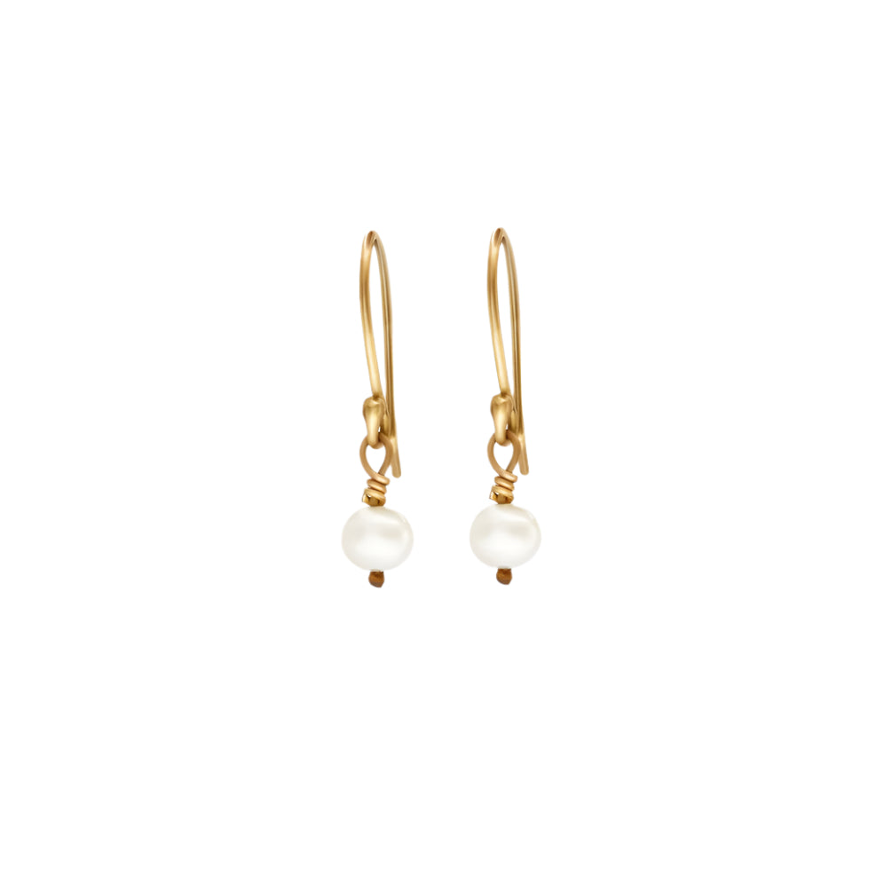 Handmade pearl drop earrings with white round pearls in 14k gold or sterling silver.