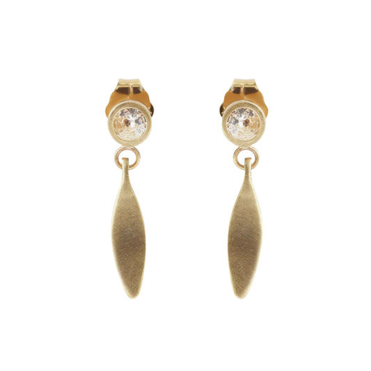 Introducing Diamond Leaf Stud Drops - the epitome of elegance and versatility. With their stunning design and sparkling brilliance, these earrings are the perfect accessory to elevate any outfit. Add a touch of glamour to your look with Diamond Leaf Stud Drops today! Two White Diamonds Diamonds sized at 3mm each 14k Yellow Gold Satin Finish Dimensions (H x W) 17.42mm x 4.0mm Sold as a pair