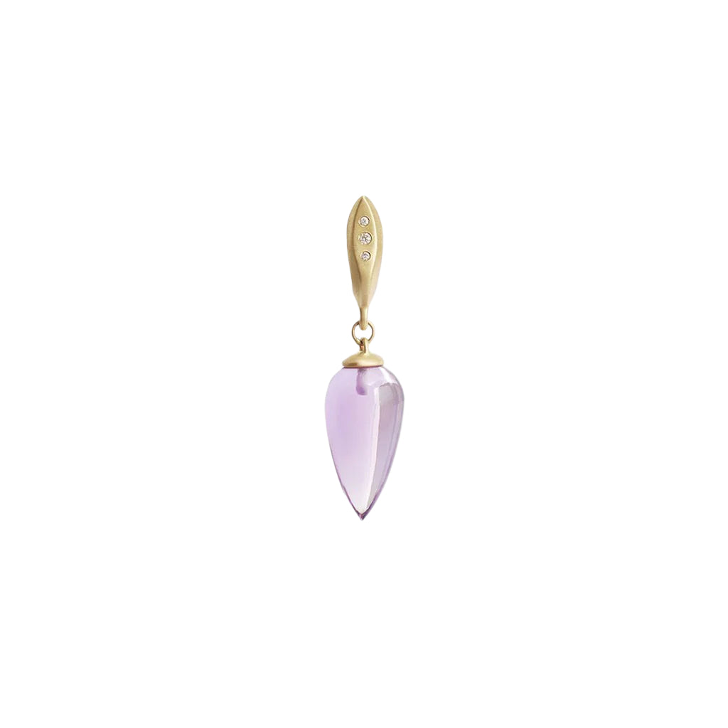 The Amethyst Drops with Diamonds are a Classic earring with a modern touch.  A single polished Amethyst teardrop hangs from a hand formed earring with 3 gorgeous Ethically sourced Diamonds.  Details  19mm Tear shaped Amethysts 6 White Diamonds 0.03ct 14k Yellow Gold Each earring measures 9.3mm width by 37mm length butterfly back 