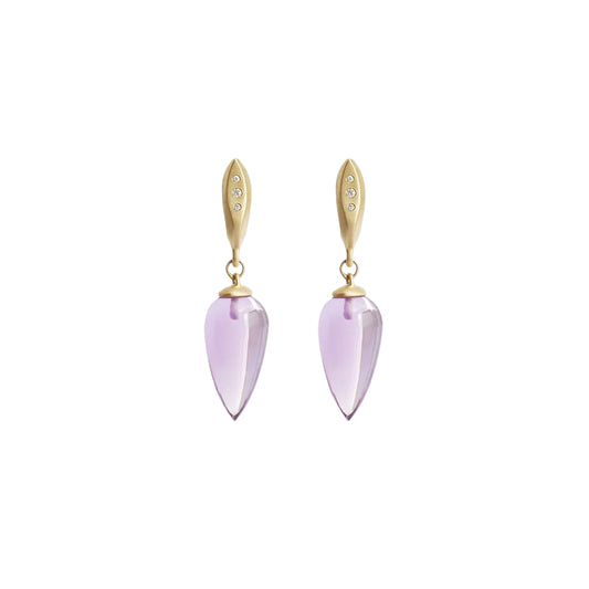 The Amethyst Drops with Diamonds are a Classic earring with a modern touch.  A single polished Amethyst teardrop hangs from a hand formed earring with 3 gorgeous Ethically sourced Diamonds.  Details  19mm Tear shaped Amethysts 6 White Diamonds 0.03ct 14k Yellow Gold Each earring measures 9.3mm width by 37mm length butterfly back