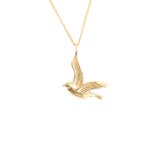 Introducing our elegant BIRD PENDANT, featuring a stunning design that captures the grace and beauty of birds in flight. Details  Carved Gold Bird 16" Chain 14k Yellow Gold Pendant measures 18.3mm x 13.5mm