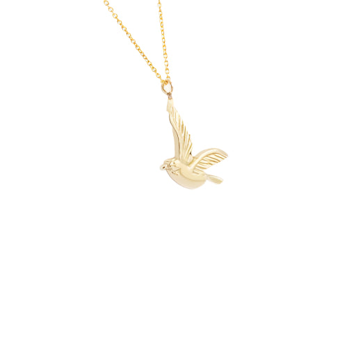 Introducing our elegant BIRD PENDANT, featuring a stunning design that captures the grace and beauty of birds in flight. Details  Carved Gold Bird  16" Chain  14k Yellow Gold  Pendant measures 18.3mm x 13.5mm