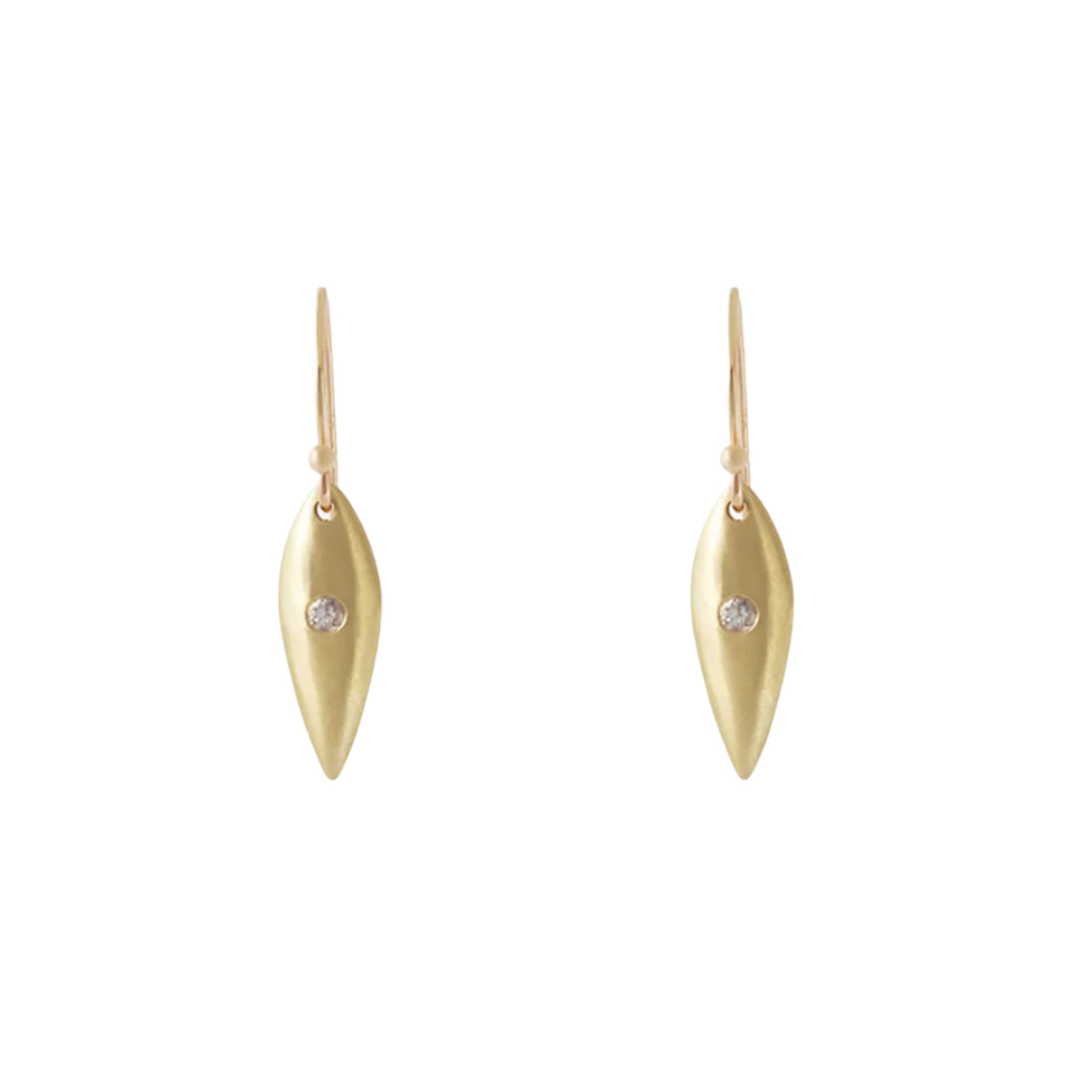 Details  Enhance your elegance with these stunning Small Leaf Diamond Earrings. Crafted with delicate precision, these dainty earrings feature a beautiful leaf design adorned with sparkling diamonds, adding a touch of glamour and sophistication to any outfit.  2 x 2.25mm round diamond 14k Yellow Gold Satin Finish HxW: 16mm x 6mm