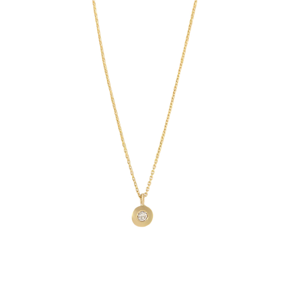 Textured Diamond Disk Necklace, a stunning piece of jewelry that combines modern design with timeless elegance. The intricate texture of the disk adds a unique touch, making this necklace a perfect accessory for any occasion 1.9mm White Diamond 16" Chain 14k Yellow Gold Each earring measures 5.5mm width by 5.45mm length