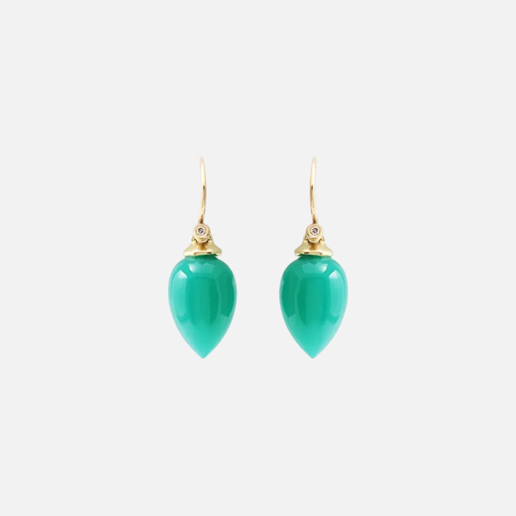 Details 2 x Pear Shaped Green Onyx Stone HxW: 12.75mm x 9.2mm 14k Yellow Gold Need different material, stone, finish?
