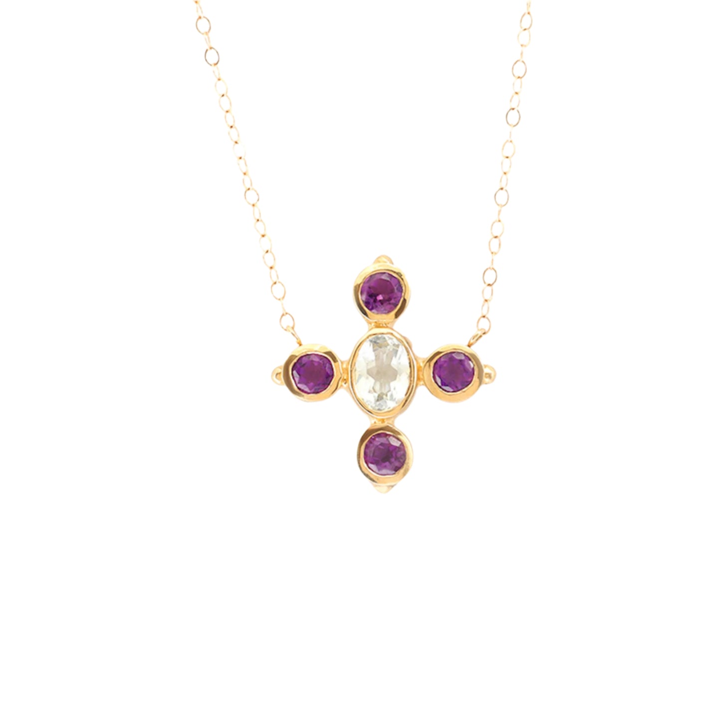 Elevate your style with this exquisite Amethyst Aquamarine necklace. Crafted with stunning gemstones and an elegant design, this necklace is the perfect accessory to add a touch of sophistication to any outfit. 14k yellow gold, white gold or rose gold 1 X 6mm aquamarine oval gemstone 4 X 4mm amethyst round gemstone 18-inch round chain with a 16-inch spacer