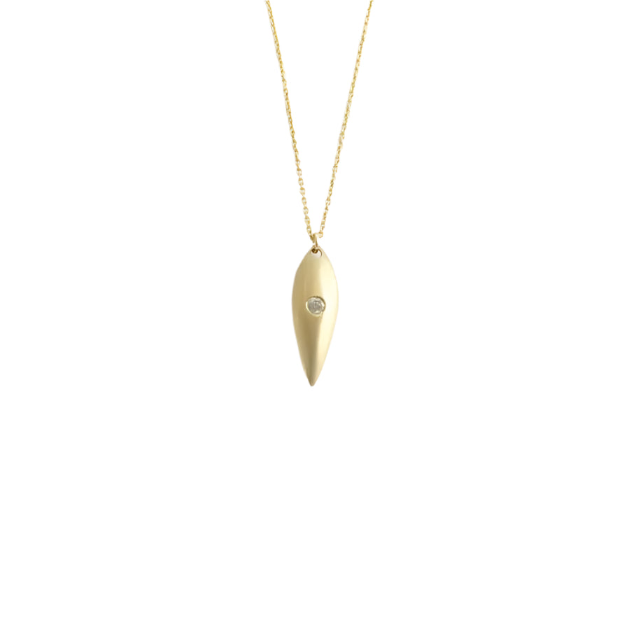 The Leaf with Diamond Pendant showcases a delicate design and a sparkling diamond, making it a versatile accessory that can effortlessly elevate any outfit. Add a touch of elegance and sophistication to your look with this stunning piece of jewelry. 2.25mm Round White Diamonds 14k Yellow Gold Satin Finish HxW: 27.6mm x 6.1mm