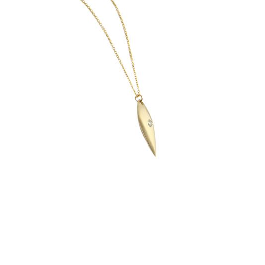 The Leaf with Diamond Pendant showcases a delicate design and a sparkling diamond, making it a versatile accessory that can effortlessly elevate any outfit. Add a touch of elegance and sophistication to your look with this stunning piece of jewelry.  2.25mm Round White Diamonds 14k Yellow Gold Satin Finish HxW: 27.6mm x 6.1mm