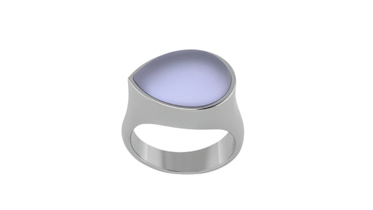 Pear shaped chalcedony cremation ring designed to hold ashes. Handmade memorial jewelry in gold or silver by Tricia Kirkland Studio.