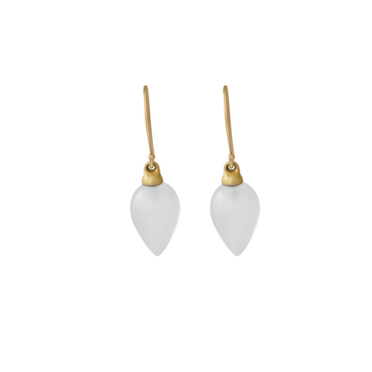 Blue chalcedony drop earrings set in 14K gold featuring soft blue chalcedony teardrop gemstones.
