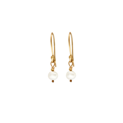 Handmade pearl drop earrings with white round pearls in 14k gold or sterling silver. 