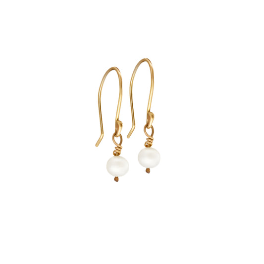 Handmade pearl drop earrings with white round pearls in 14k gold or sterling silver. 