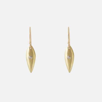 Details  Enhance your elegance with these stunning Small Leaf Diamond Earrings. Crafted with delicate precision, these dainty earrings feature a beautiful leaf design adorned with sparkling diamonds, adding a touch of glamour and sophistication to any outfit.  2 x 2.25mm round diamond 14k Yellow Gold Satin Finish HxW: 16mm x 6mm