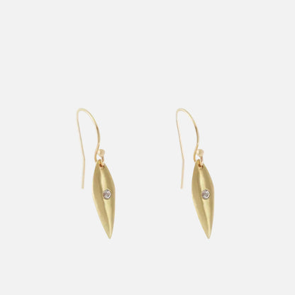 Details  Enhance your elegance with these stunning Small Leaf Diamond Earrings. Crafted with delicate precision, these dainty earrings feature a beautiful leaf design adorned with sparkling diamonds, adding a touch of glamour and sophistication to any outfit.  2 x 2.25mm round diamond 14k Yellow Gold Satin Finish HxW: 16mm x 6mm