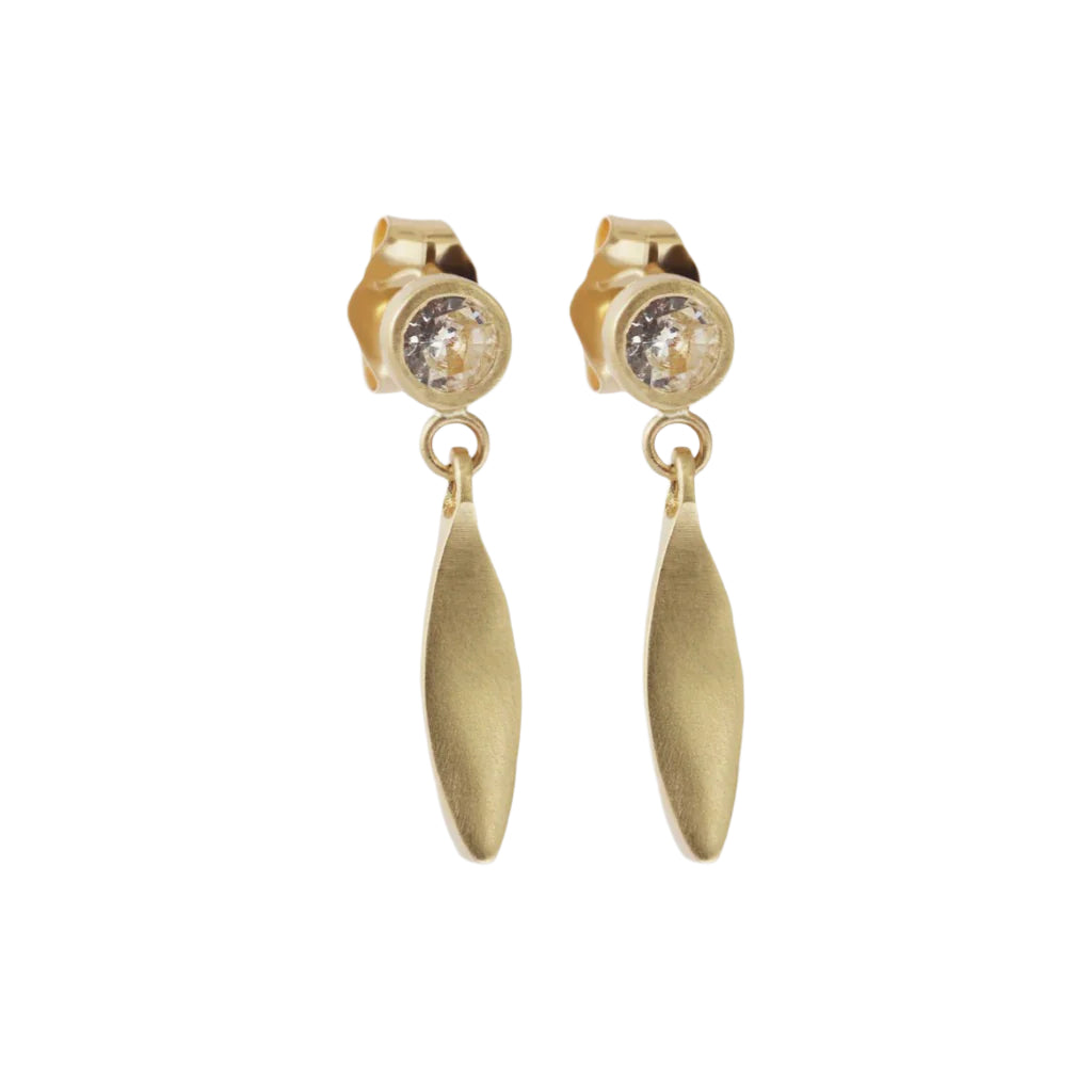 Introducing Diamond Leaf Stud Drops - the epitome of elegance and versatility. With their stunning design and sparkling brilliance, these earrings are the perfect accessory to elevate any outfit. Add a touch of glamour to your look with Diamond Leaf Stud Drops today! Two White Diamonds Diamonds sized at 3mm each 14k Yellow Gold Satin Finish Dimensions (H x W) 17.42mm x 4.0mm Sold as a pair Need different material, stone, finish?