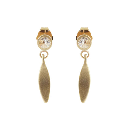 Introducing Diamond Leaf Stud Drops - the epitome of elegance and versatility. With their stunning design and sparkling brilliance, these earrings are the perfect accessory to elevate any outfit. Add a touch of glamour to your look with Diamond Leaf Stud Drops today! Two White Diamonds Diamonds sized at 3mm each 14k Yellow Gold Satin Finish Dimensions (H x W) 17.42mm x 4.0mm Sold as a pair