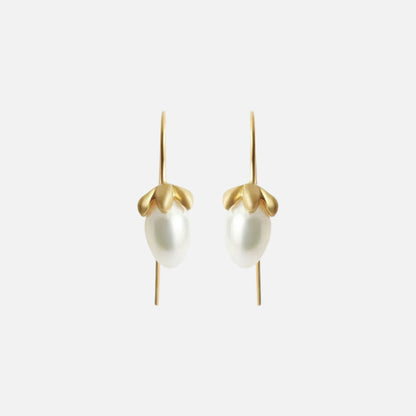 Handmade earring wires to compliment this beautiful classic pearl earrings.  perfect for celebrating special moments and adding glamour to you day.  Details  2 x 5mm Egg Shaped Pearls 14k Yellow Gold Satin Finish Each earring measures 5.9mm width by 10.5mm length
