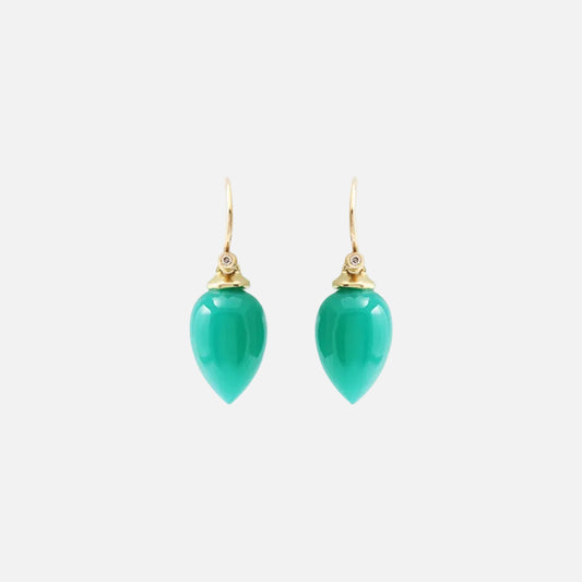 Details  2 x Pear Shaped Green Onyx Stone HxW: 12.75mm x 9.2mm 14k Yellow Gold Need different material, stone, finish?