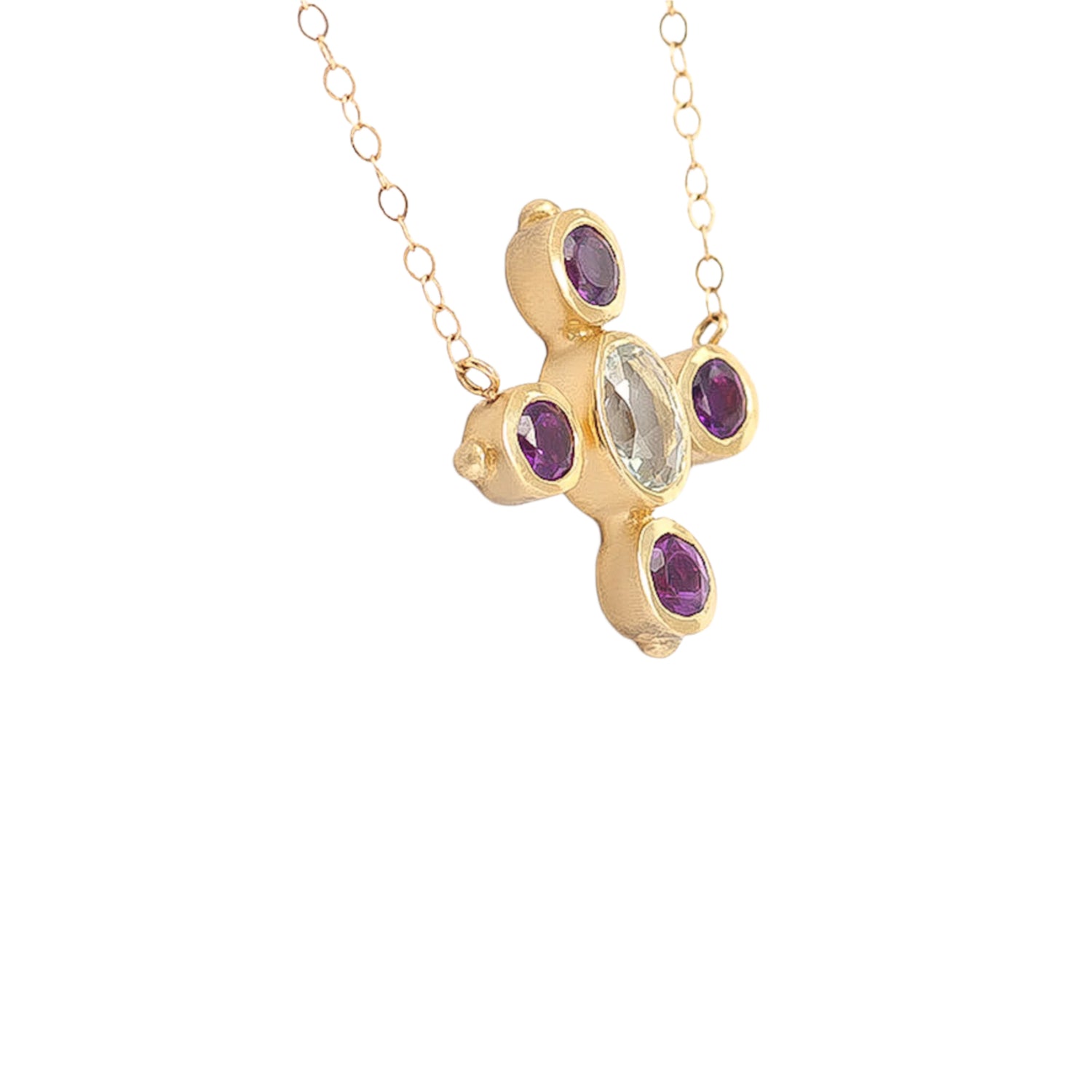 Elevate your style with this exquisite Amethyst Aquamarine necklace. Crafted with stunning gemstones and an elegant design, this necklace is the perfect accessory to add a touch of sophistication to any outfit.    14k yellow gold, white gold or rose gold 1 X 6mm aquamarine oval gemstone 4 X 4mm amethyst round gemstone 18-inch round chain with a 16-inch spacer